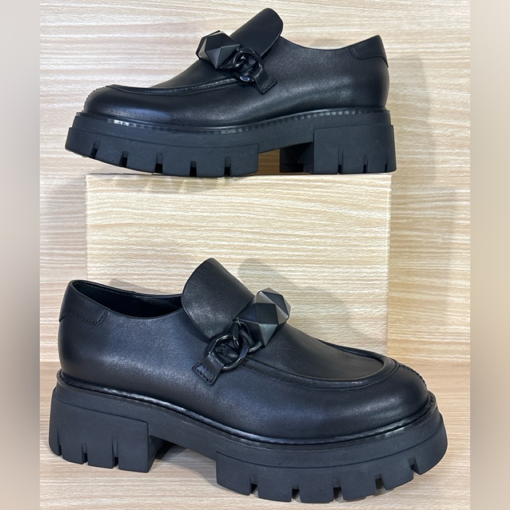 ASH Leroy Black Leather Platform Lug Loafers Stud Buckle Chunky Size 39/8.5